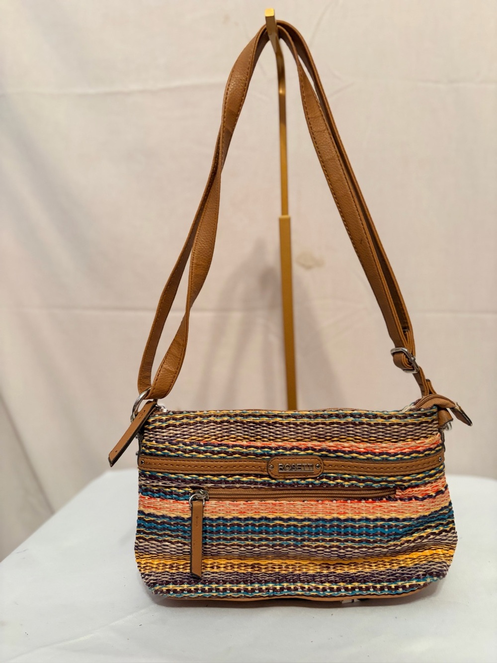 Rosetti Multicolor Striped Woven Crossbody with Tan Straps